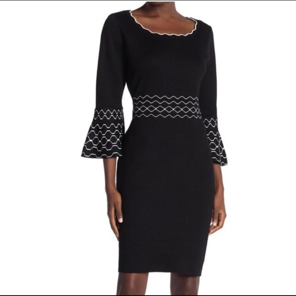 Nina Leonard Wm’s Sz XL Black Gold Thick Knit Scalloped Bell Sweater Dress